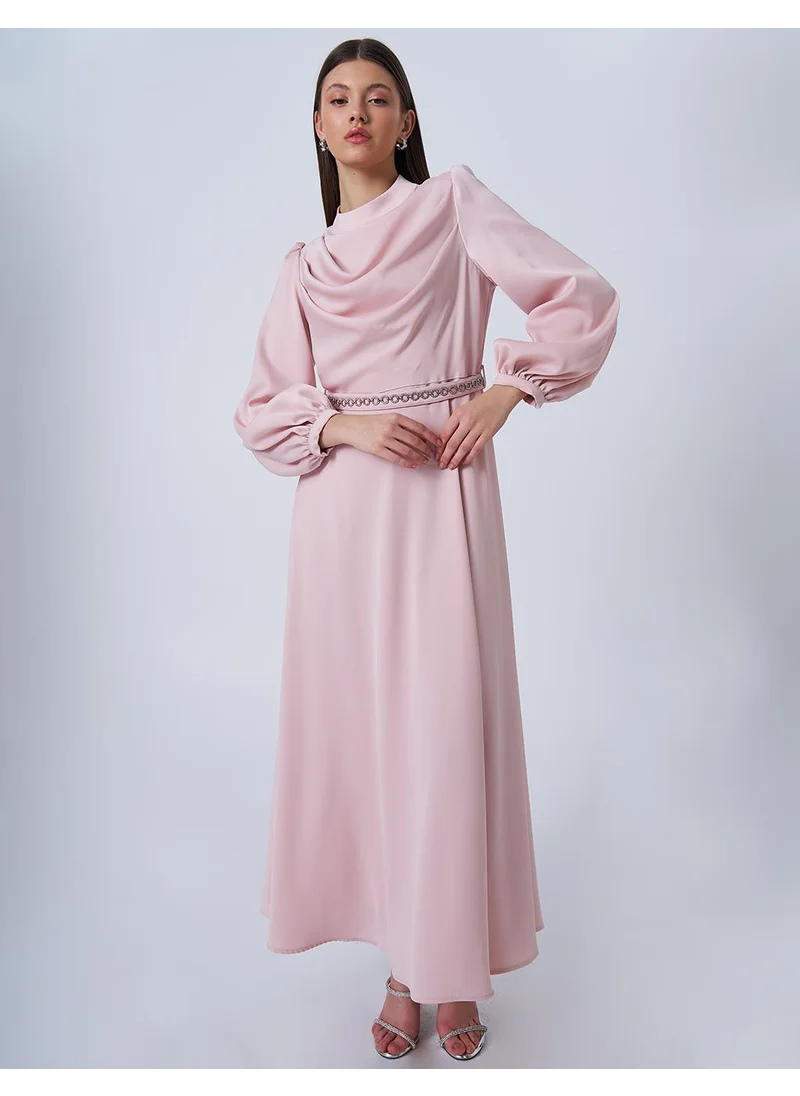 Kayra Drape Collar Satin Dress Powder Pink