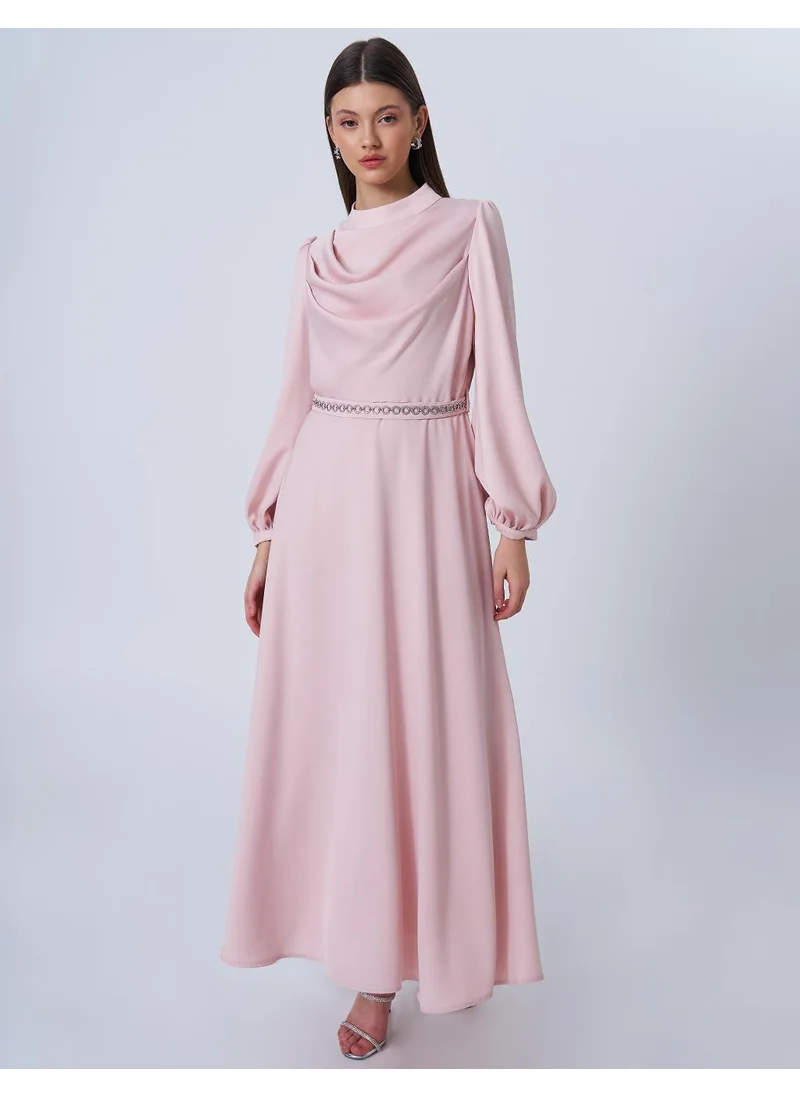 Kayra Drape Collar Satin Dress Powder Pink