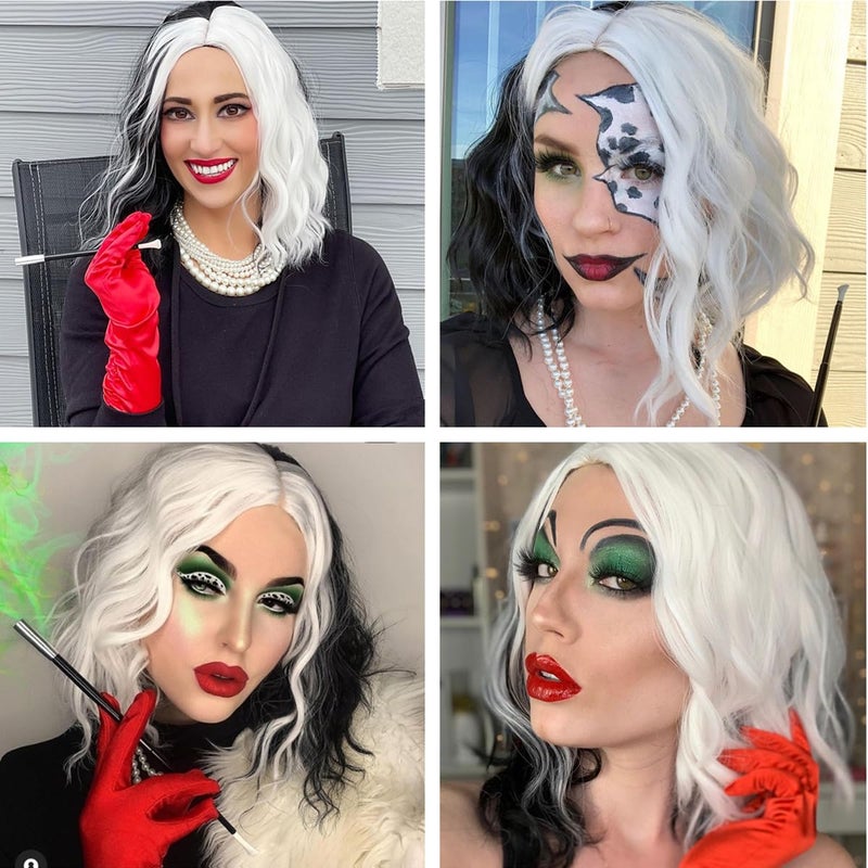 Mildiso Black and White Cruella Deville Wig for Women Cruella Deville Costume Short Curly Wavy Hair Wig Cute Soft Wigs for Costume Party M058C - Image 3