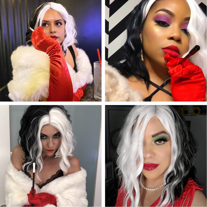 Mildiso Black and White Cruella Deville Wig for Women Cruella Deville Costume Short Curly Wavy Hair Wig Cute Soft Wigs for Costume Party M058C - Image 4