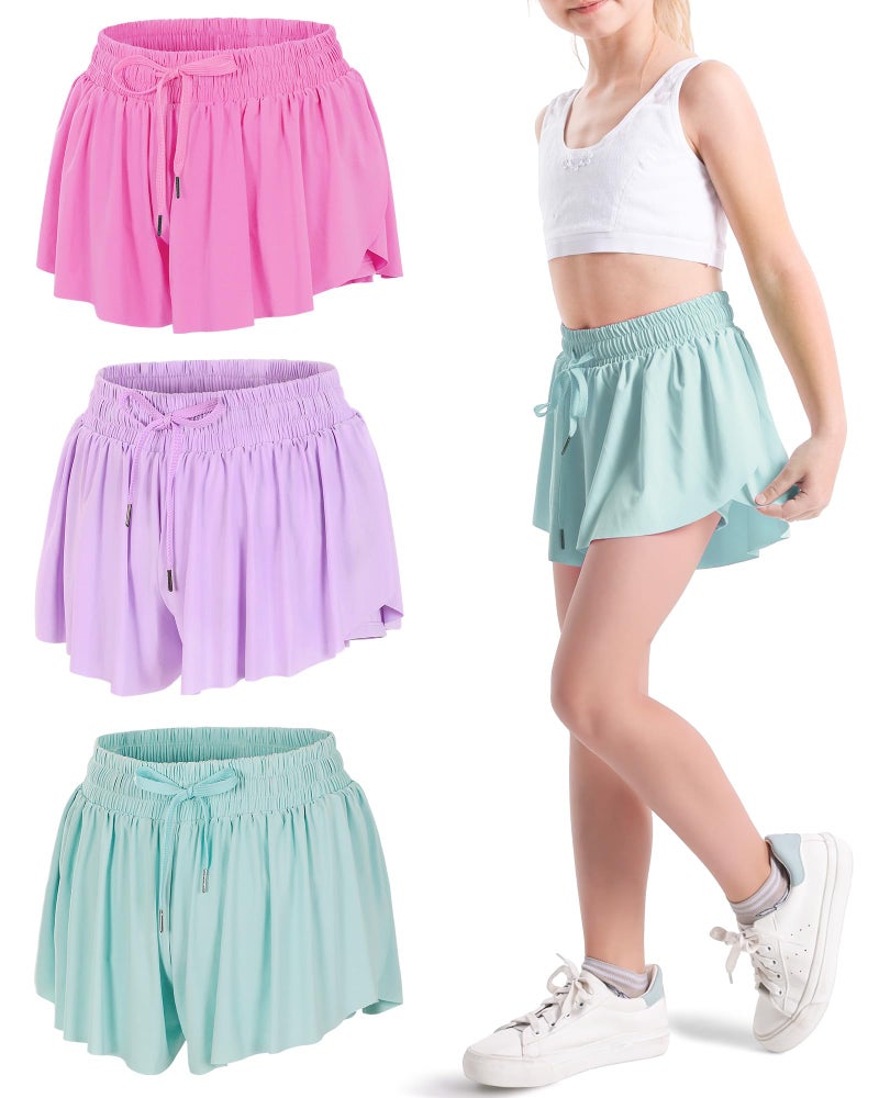 KEREDA Girls Flowy Shorts,Butterfly Shorts for Teen Girls with Spandex Liner 2-in-1 Kids Preppy Athletic Clothes 3 Pack 9-10Y (Light Green-Hot Pink-Light Purple) - Image 1