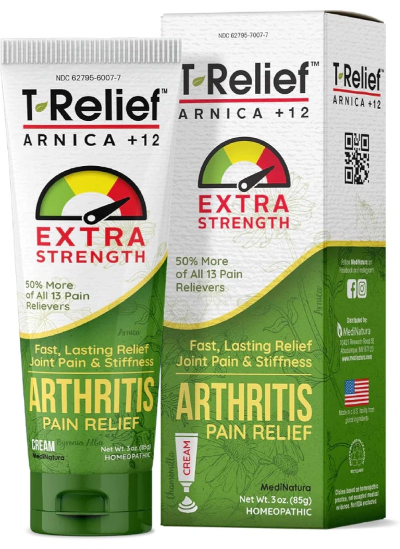 MediNatura T-Relief Extra Strength Arthritis Cream Arnica +12 Pain Relieving Natural Medicines Help Soothe Soreness Stiffness Aches & Pains in Joints Naturally - 3 oz 