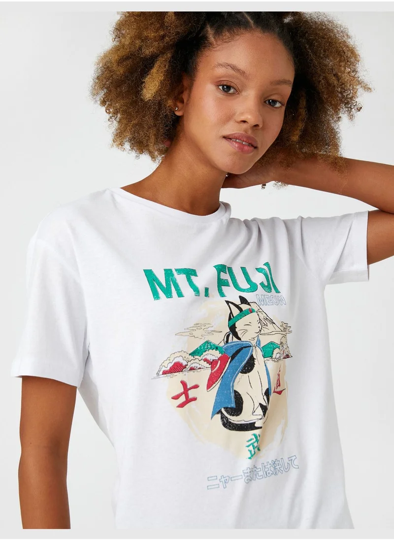 كوتون Far East Printed Crew Neck Short Sleeve T-Shirt