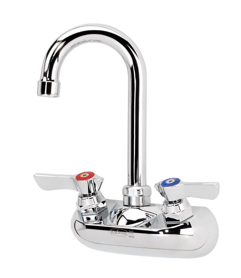 Krowne KR-10-400L 3.5" Wall Mount Faucet with Gooseneck Spout, 4" Center, 0.5 GPM Aerator, 1/2" NPS Male Inlets, Color-Coded Handles, Chrome-Plated, NSF Certified