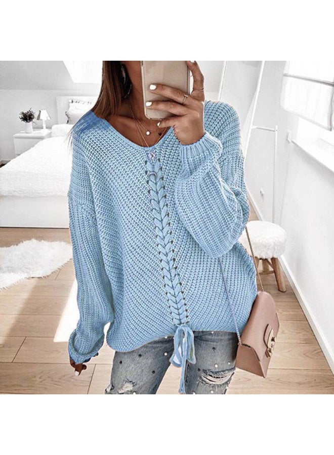 NIBEMINENT Autumn And Winter European And American Women's Long-sleeved Loose V-neck Drawstring Backless Pullover Knitted Sweater - Image 1