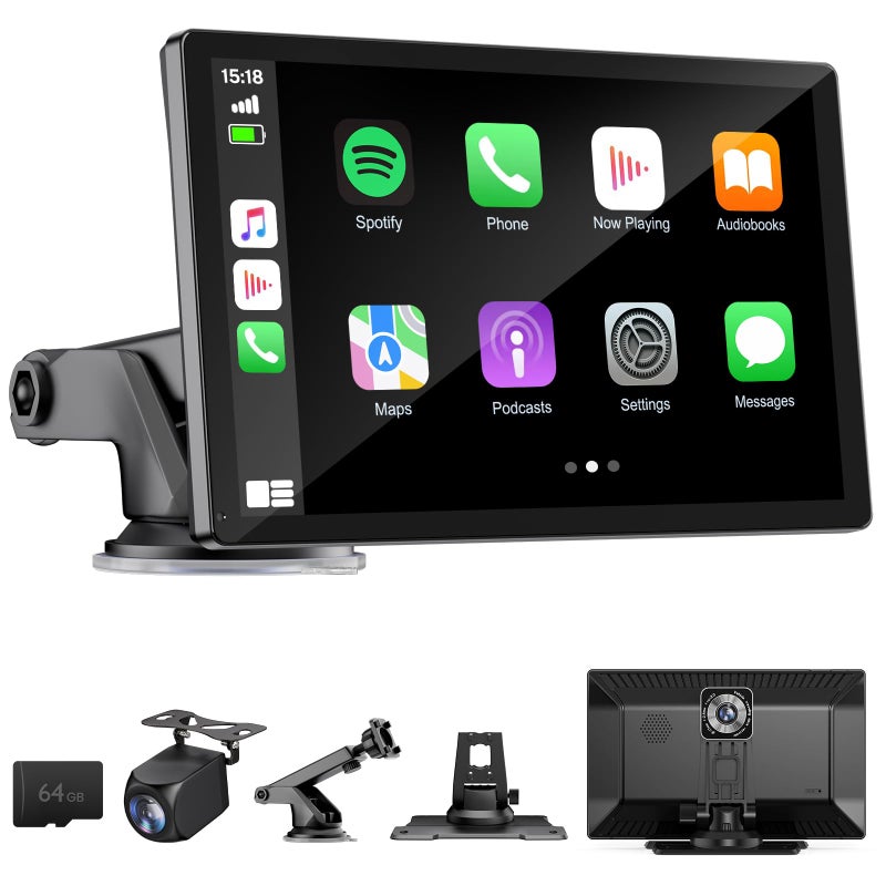 HAUXIY 9" Wireless Apple Carplay Screen for Car with 4K Dash Cam, Portable Apple Carplay & Android Auto with 1080p Backup Camera DVR, Voice Control/GPS Navigation/Mirror Link/BT - Image 1