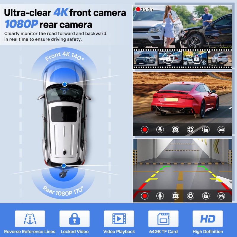 HAUXIY 9" Wireless Apple Carplay Screen for Car with 4K Dash Cam, Portable Apple Carplay & Android Auto with 1080p Backup Camera DVR, Voice Control/GPS Navigation/Mirror Link/BT - Image 4