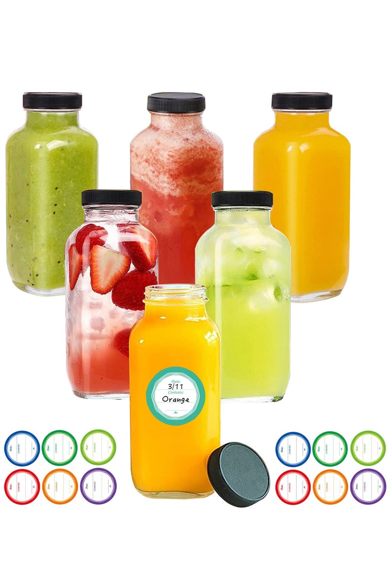 Glass Juice Bottles 12oz, 6 Pack Reusable Glass Water Bottles with Labels and Lids, BPA Free Homemade Beverages Bottle - Image 1