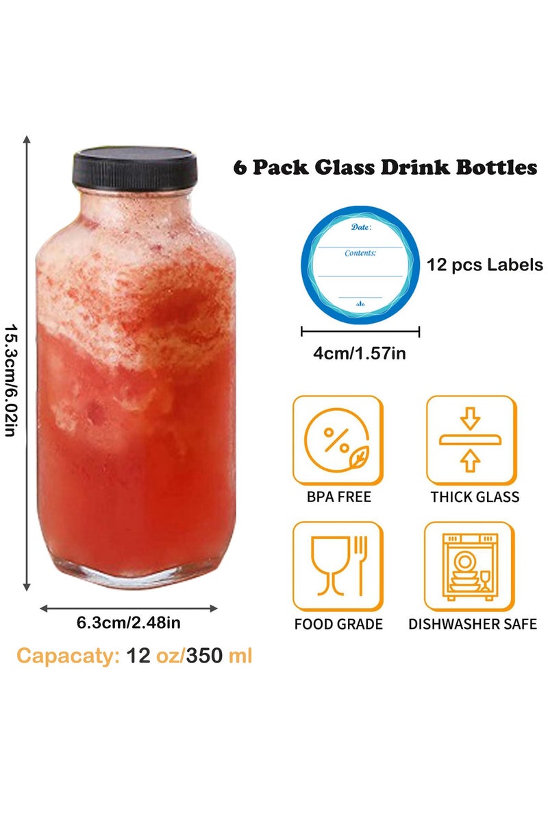 Glass Juice Bottles 12oz, 6 Pack Reusable Glass Water Bottles with Labels and Lids, BPA Free Homemade Beverages Bottle - Image 2