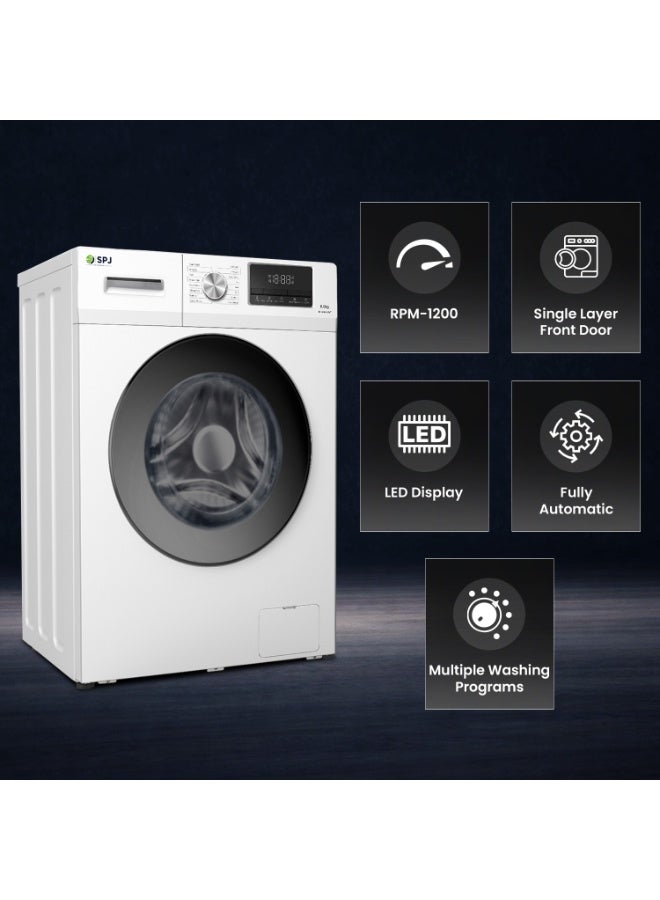 SPJ 8KG Front Load Fully Automatic Washing Machine, BLDC Inverter Motor, 1200 RPM Spin Speed, A+++ Energy Efficient, LED Display, Multiple Wash Programs, Low Noise Operation, White - Image 4