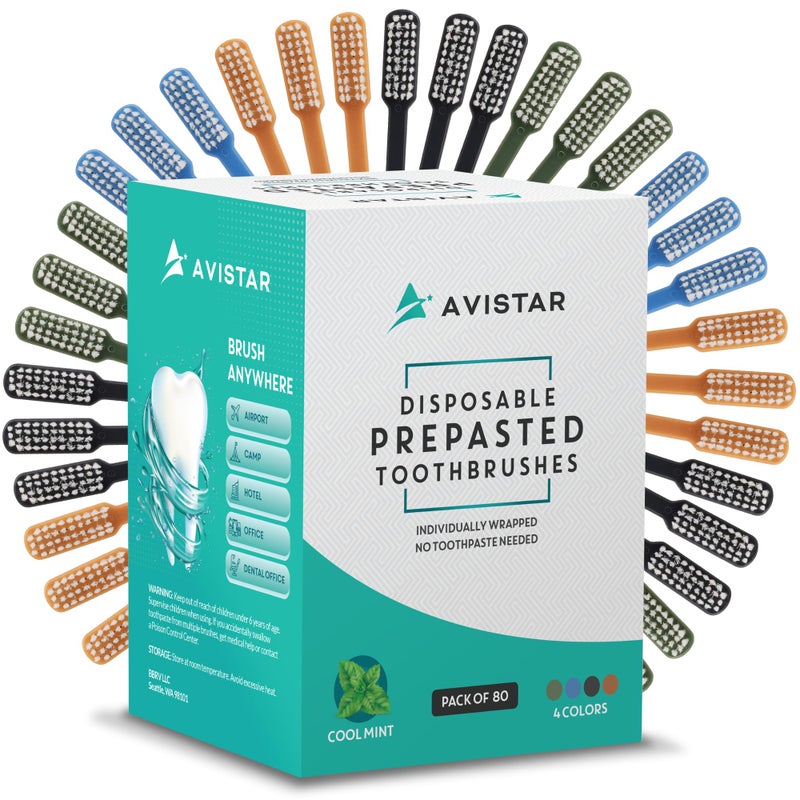 Avistar 80 Prepasted Disposable Toothbrushes Individually Wrapped - Single Use Pre Pasted Disposable Toothbrushes with Toothpaste Built in - Waterless Toothbrush for Travel, Guests, Hotel, & Camping - Image 1