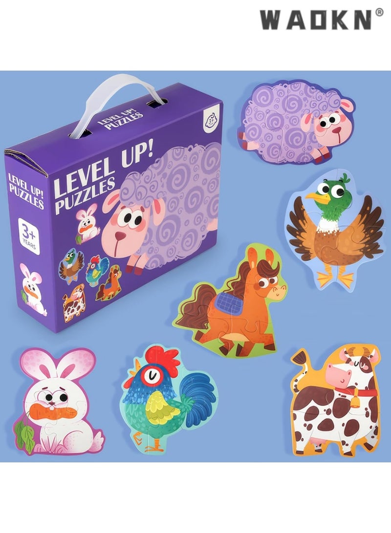 دبليو أيه أو كي أن أحجية 6 في 1، أحجية للأطفال من عمر 3 إلى 5 سنوات، لعبة سفر، أحجية أرضية للمبتدئين، على شكل كبير الحجم، ألعاب تعليمية لمرحلة ما قبل المدرسة (حيوانات المزرعة) - Image 1