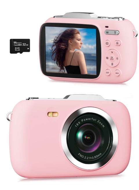 Digital Camera,4K Cameras for Photography, 64MP UHD Portable Vlogging Camera,18X Zoom Travel Point and Shoot Camera with 32GB TF Card, For Beginners Teen - Pink