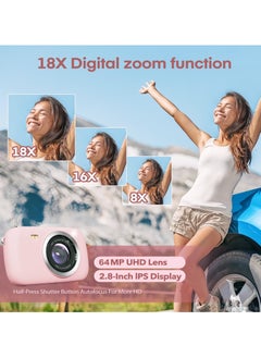 Milatech Digital Camera,4K Cameras for Photography, 64MP UHD Portable Vlogging Camera,18X Zoom Travel Point and Shoot Camera with 32GB TF Card, For Beginners Teen - Pink  - Image 5