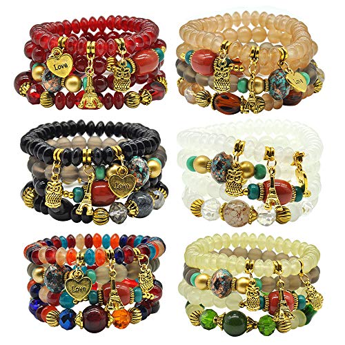 VONRU Bohemian Bracelet Sets for Women - 6 Stackable Stretch Bracelets Multi-color Boho Jewelry Hippie Dainty Best Friend Gift (Owl charm stretch bracelet set) - Image 2