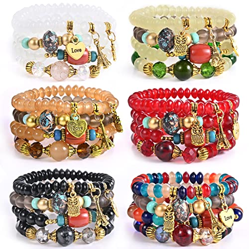 VONRU Bohemian Bracelet Sets for Women - 6 Stackable Stretch Bracelets Multi-color Boho Jewelry Hippie Dainty Best Friend Gift (Owl charm stretch bracelet set) - Image 1