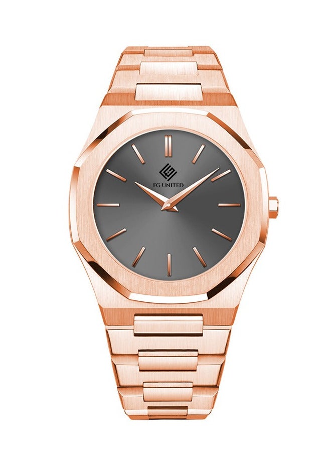 FG UNITED ساعة رجالية بتصميم رفيع بلون وردي ذهبي مع قرص رمادي من الفولاذ المقاوم للصدأ 41 مم - FG7008