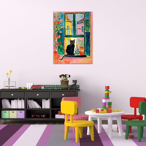 HYFBH Henri Matisse Black Cat Canvas Wall Art Framed, Matisse Open Window Print Cute Cat Poster Gallery Aesthetic Room Decor for Bedroom Bathroom, Kawaii Preppy Room Decor for Teen Girls 12x16inch - Image 2