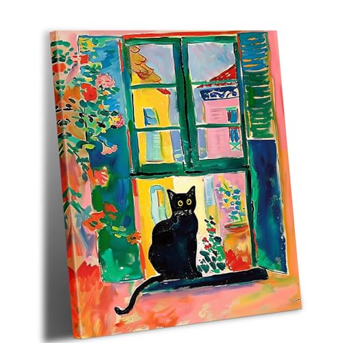 HYFBH Henri Matisse Black Cat Canvas Wall Art Framed, Matisse Open Window Print Cute Cat Poster Gallery Aesthetic Room Decor for Bedroom Bathroom, Kawaii Preppy Room Decor for Teen Girls 12x16inch - Image 1