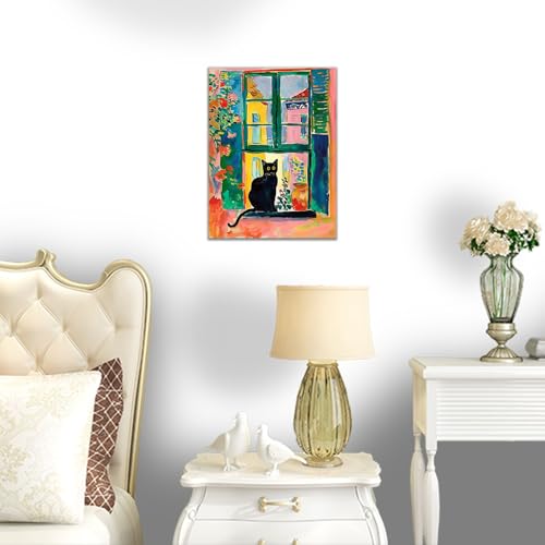 HYFBH Henri Matisse Black Cat Canvas Wall Art Framed, Matisse Open Window Print Cute Cat Poster Gallery Aesthetic Room Decor for Bedroom Bathroom, Kawaii Preppy Room Decor for Teen Girls 12x16inch - Image 5