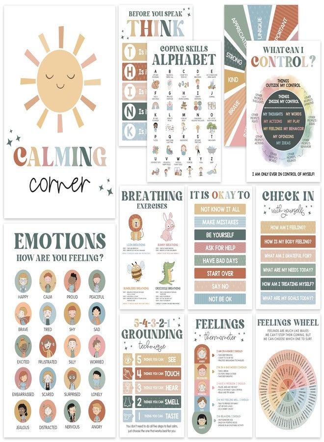 BEAWART Boho 12 Calming Corner Classroom Posters (10x14) - Feelings Wheel Chart & Emotions Poster For Kids, Calm Down Corner Supplies For Therapy Office Decor, Mental Health Wall Decorations For Preschool - Image 1