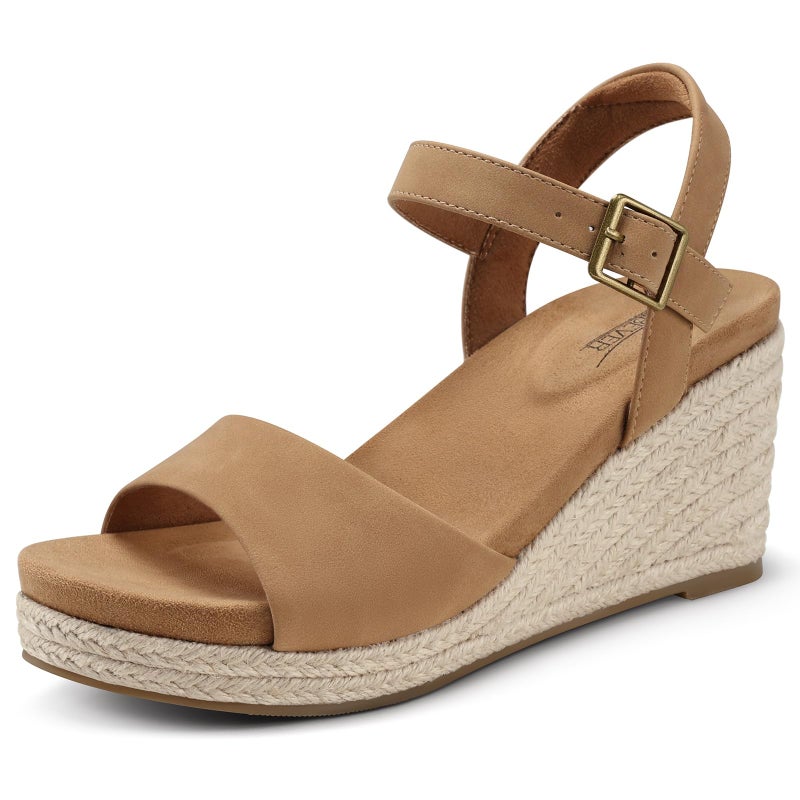 SHIBEVER Women's Wedge Platform Sandals: Espadrille Dressy Comfortable Summer Open Toe Ankle Strap Buckle Women Sandal Khaki Size 8 - Image 1