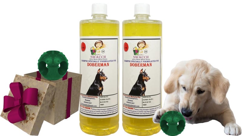 Swacch Pet Shampoo | Puppy Safe Shampoo | PH Balanced | Ditch to Itch for Doberman Dog Shampoo 2 Litre (Lemon) + Goofy Ball Chew Toy Combo Pack - Image 1