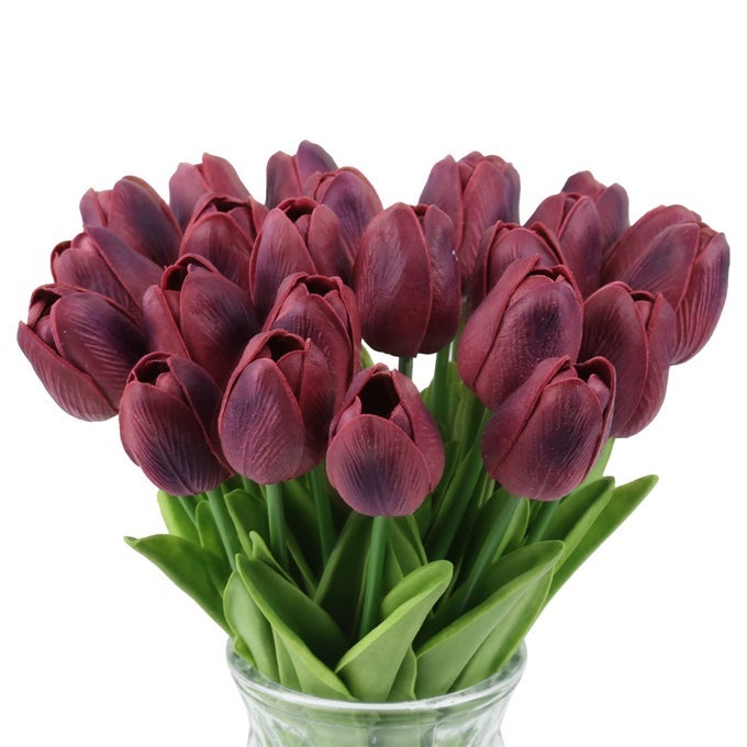 Tulips Artificial Flowers 24PCS Burgundy Flowers Real Touch Tulips Fake Tulips Burgundy Silk Flowers Faux Flowers for Home Decoration Wedding Bouquet Party Baby Shower