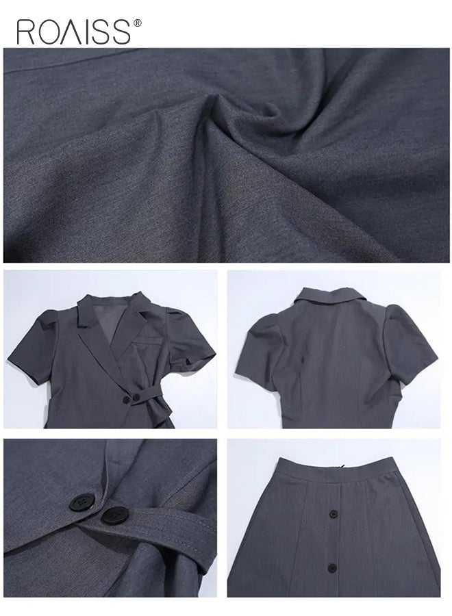 roaiss 2 Piece Suit Skirt Set for Women Short Sleeve Slim Fit Suit Top High Waist Skirt Suits Solid Simple  Button Breasted Decor Dress for Daily Wear or Commute Comfy and Breathable  - Image 5