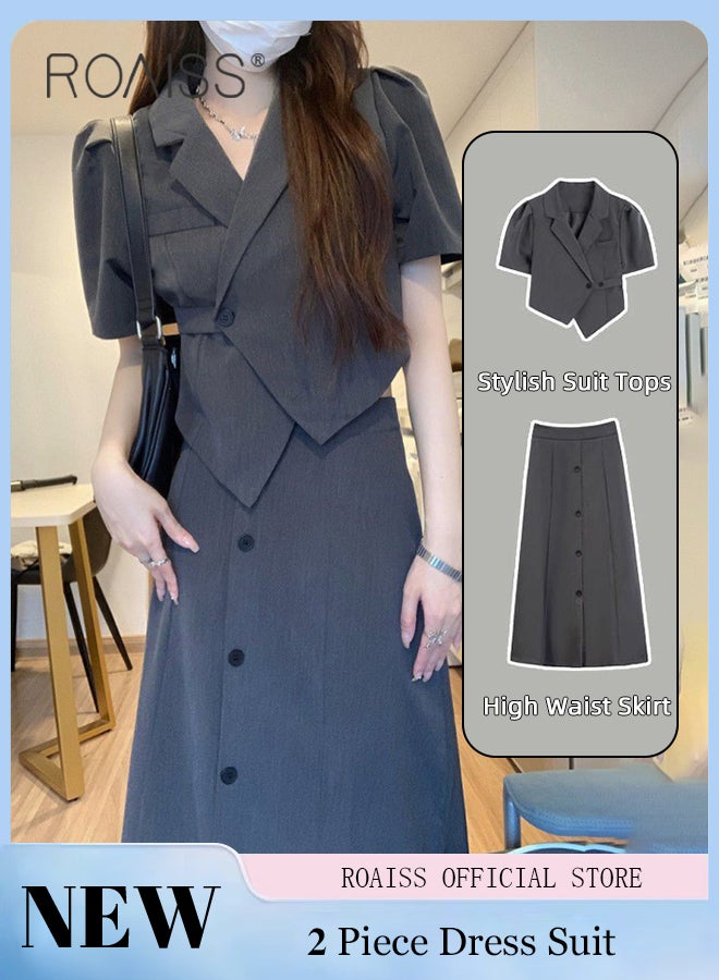 roaiss 2 Piece Suit Skirt Set for Women Short Sleeve Slim Fit Suit Top High Waist Skirt Suits Solid Simple  Button Breasted Decor Dress for Daily Wear or Commute Comfy and Breathable  - Image 1