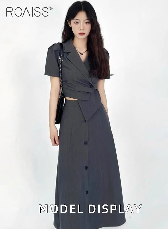 roaiss 2 Piece Suit Skirt Set for Women Short Sleeve Slim Fit Suit Top High Waist Skirt Suits Solid Simple  Button Breasted Decor Dress for Daily Wear or Commute Comfy and Breathable  - Image 2