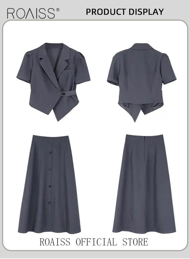 roaiss 2 Piece Suit Skirt Set for Women Short Sleeve Slim Fit Suit Top High Waist Skirt Suits Solid Simple  Button Breasted Decor Dress for Daily Wear or Commute Comfy and Breathable  - Image 4