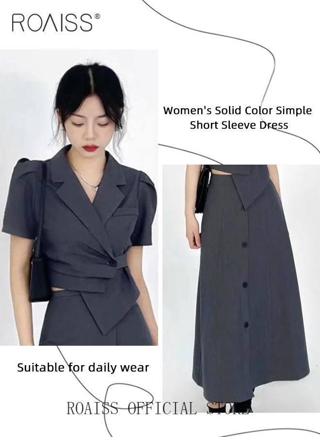 roaiss 2 Piece Suit Skirt Set for Women Short Sleeve Slim Fit Suit Top High Waist Skirt Suits Solid Simple  Button Breasted Decor Dress for Daily Wear or Commute Comfy and Breathable  - Image 3