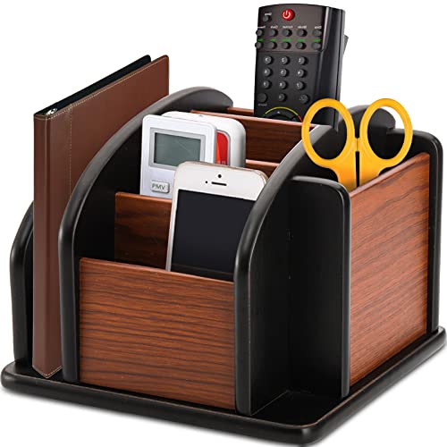DEAYOU Wood Rotating Remote Caddy, Spinning Remote Control Holder for Table, 6-Compartment Wooden Revolving Office Supplies Desktop Storage Organizer for Pen, Pencil, Mail, Desk, Home, Living Room - Image 1
