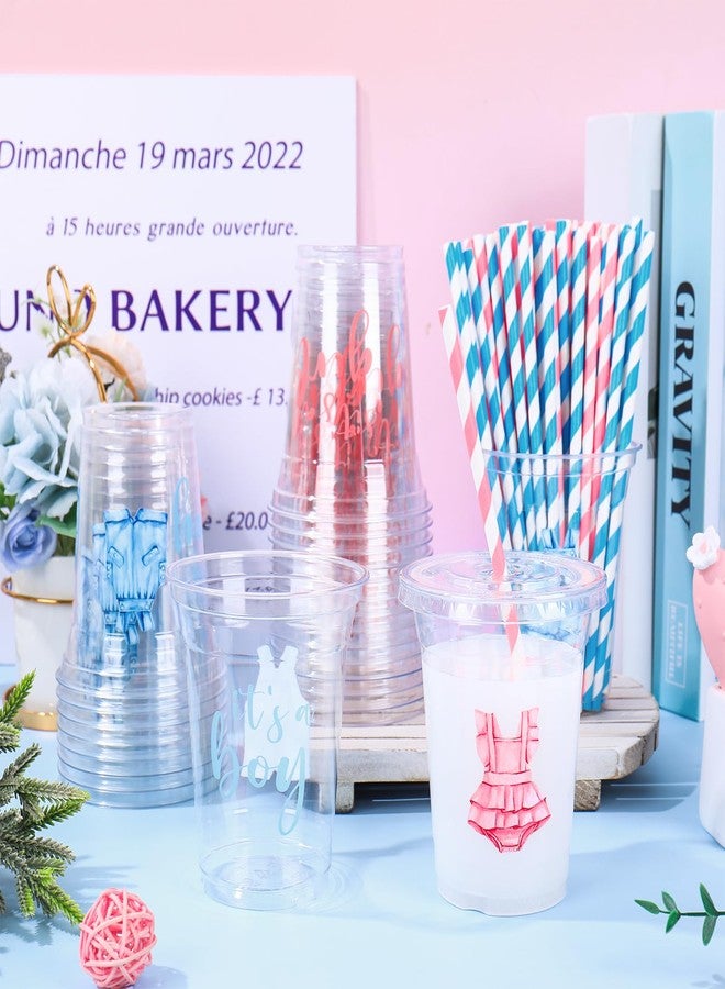 JarThenaAMCS أكواب بلاستيكية من JarThenaAMCS، 60 قطعة، مع أغطية وماصات، سعة 12 أونصة، بألوان مائية زرقاء ووردية، مناسبة لحفلات الكشف عن جنس المولود. أكواب للاستخدام مرة واحدة لحفلات استقبال المولود الجديد. - Image 4