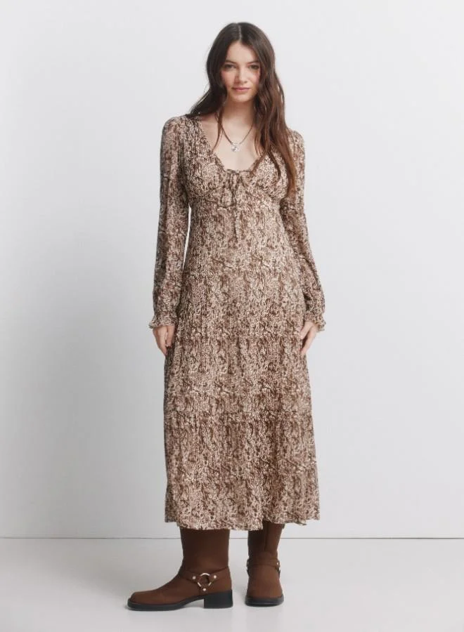 Printed long sleeve V-neck midi dress
