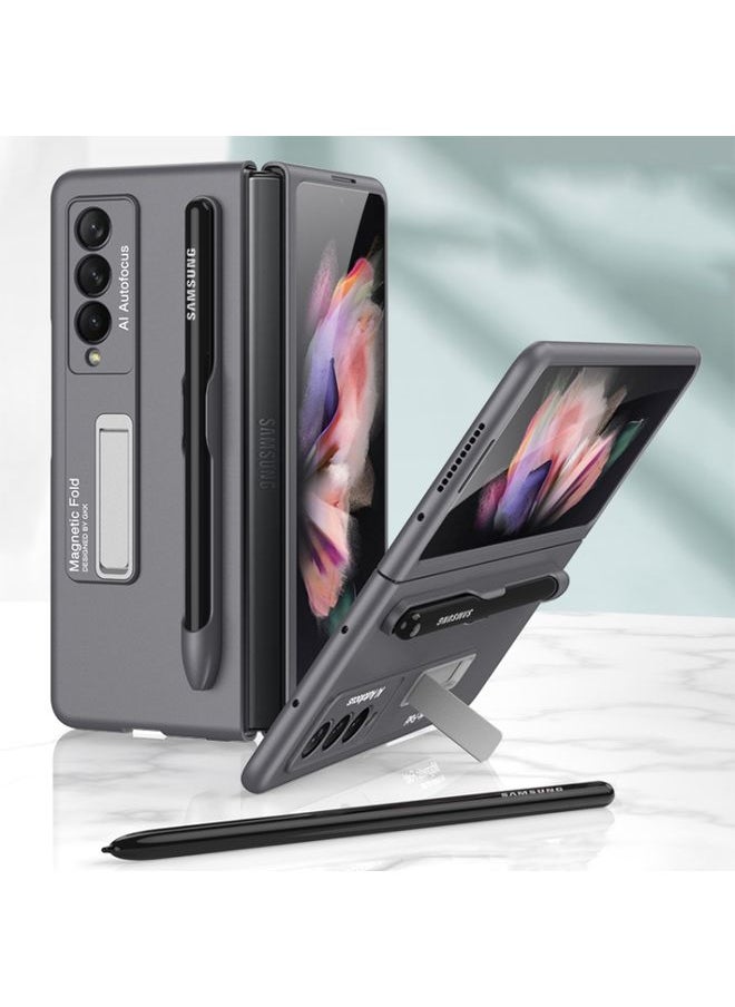 Generic Case Cover For Samsung Galaxy Z Fold 3 5G Ultra-thin PC Phone Flip Case with Holder & Pen Slot Grey 