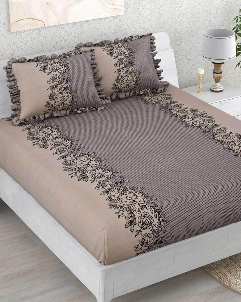 ULOM 350 TC Premium Heavy Cotton Feel King Size Double Flat Bedsheet – 90x100 Inches | Soft, Breathable & Durable Fabric | Includes 2 Frill Pillow Covers | (Coffee Frill, King Size -90x100) - Image 1