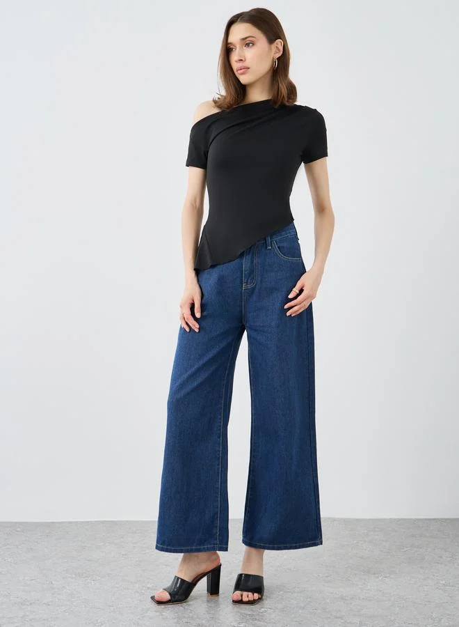 Take Two Take Two Black Asymmetric Neck Fitted T-Shirt
