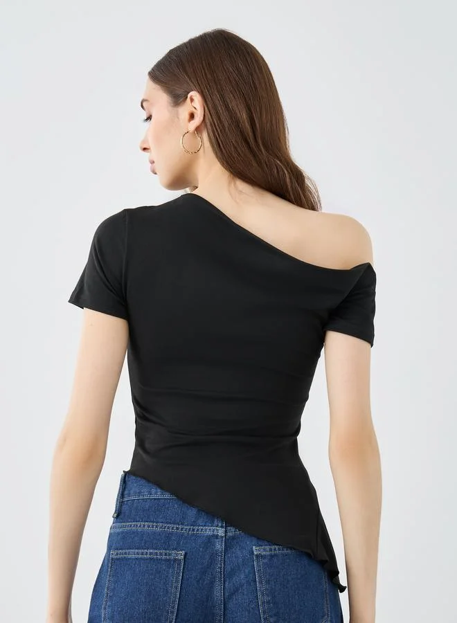 Take Two Take Two Black Asymmetric Neck Fitted T-Shirt