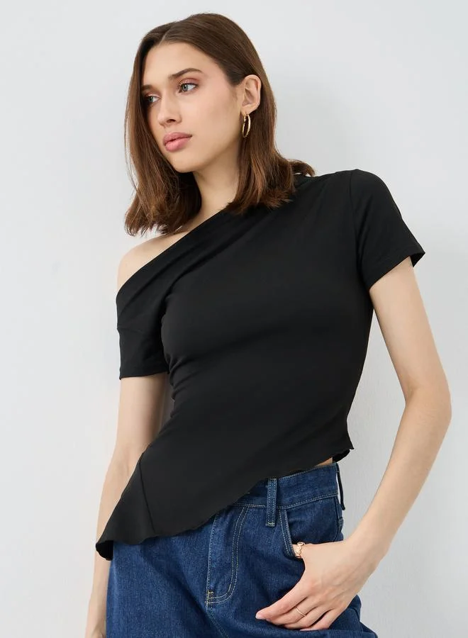 Take Two Take Two Black Asymmetric Neck Fitted T-Shirt