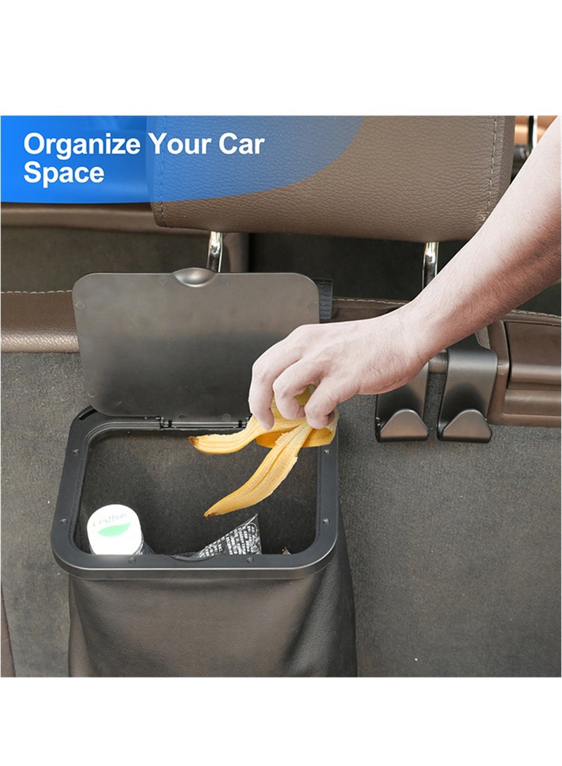 SYOSI Car Trash Can Collapsible Car Garbage Can with Lid Hanging Waterproof PU Leather Vehicle Trash Can with One Car Seat Headrest Hook for Car - Image 2