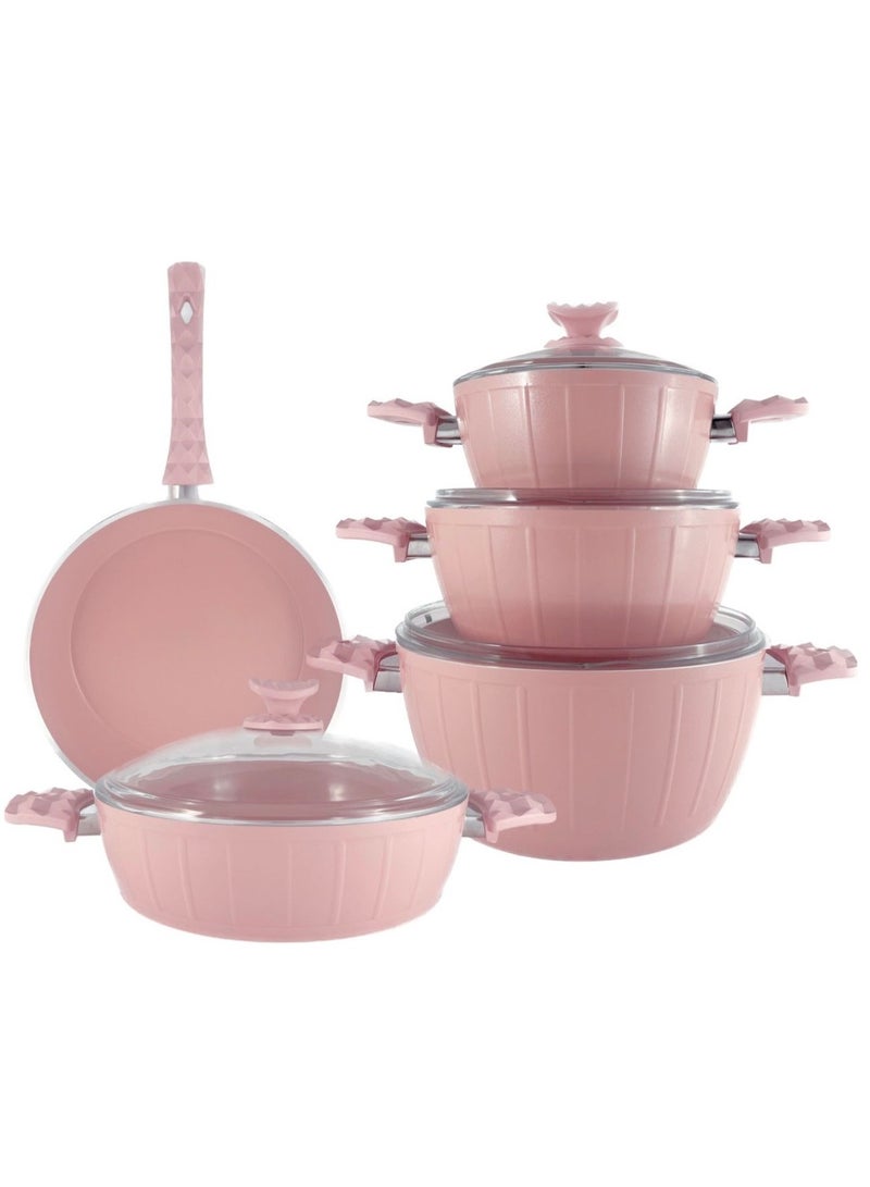 Homemaker طقم أواني طهي فرح مكون من 9 قطع - أغطية من الزجاج المقوى - 3 قدور عميقة - 1 قدر منخفض - 1 مقلاة - سطح سيراميك غير لاصق - خالي من مادة PFOA - وردي - Image 5