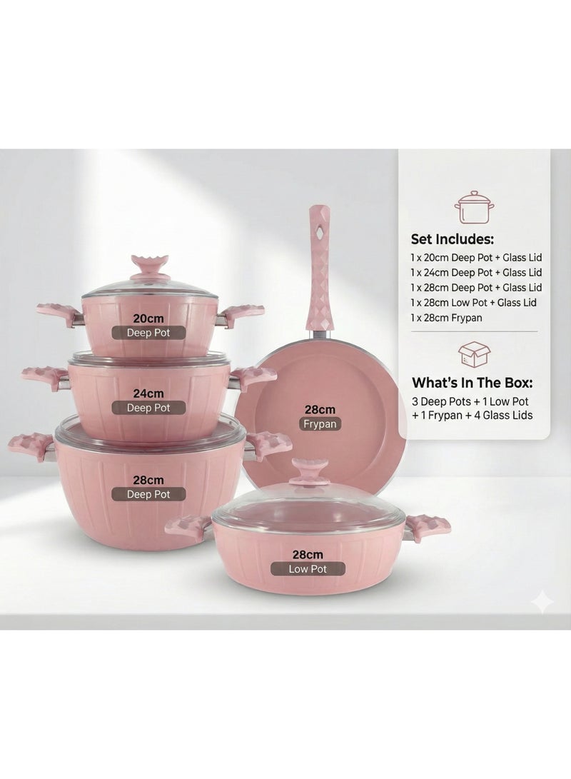Homemaker طقم أواني طهي فرح مكون من 9 قطع - أغطية من الزجاج المقوى - 3 قدور عميقة - 1 قدر منخفض - 1 مقلاة - سطح سيراميك غير لاصق - خالي من مادة PFOA - وردي - Image 1