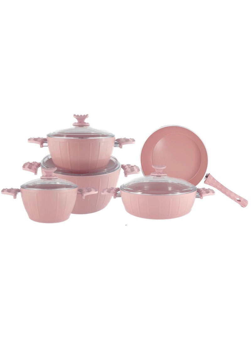 Homemaker طقم أواني طهي فرح مكون من 9 قطع - أغطية من الزجاج المقوى - 3 قدور عميقة - 1 قدر منخفض - 1 مقلاة - سطح سيراميك غير لاصق - خالي من مادة PFOA - وردي - Image 4