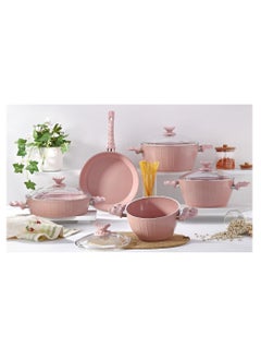 Homemaker 9-Piece Farah Cookware Set - Tempered Glass Lids - 3 Deep Pots - 1 Low Pot - 1 Frypan - Non-Stick Ceramic Surface - PFOA Free - Pink  - Image 1