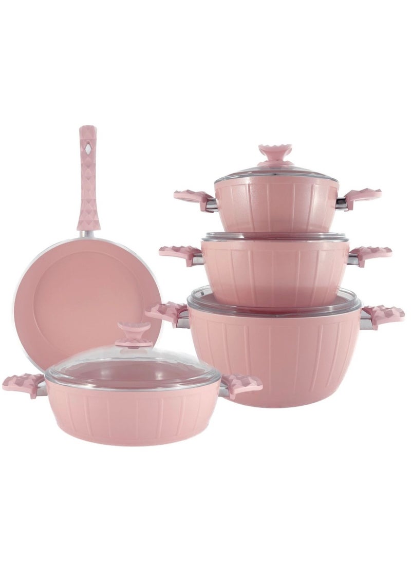 Homemaker 9-Piece Farah Cookware Set - Tempered Glass Lids - 3 Deep Pots - 1 Low Pot - 1 Frypan - Non-Stick Ceramic Surface - PFOA Free - Pink  - Image 4