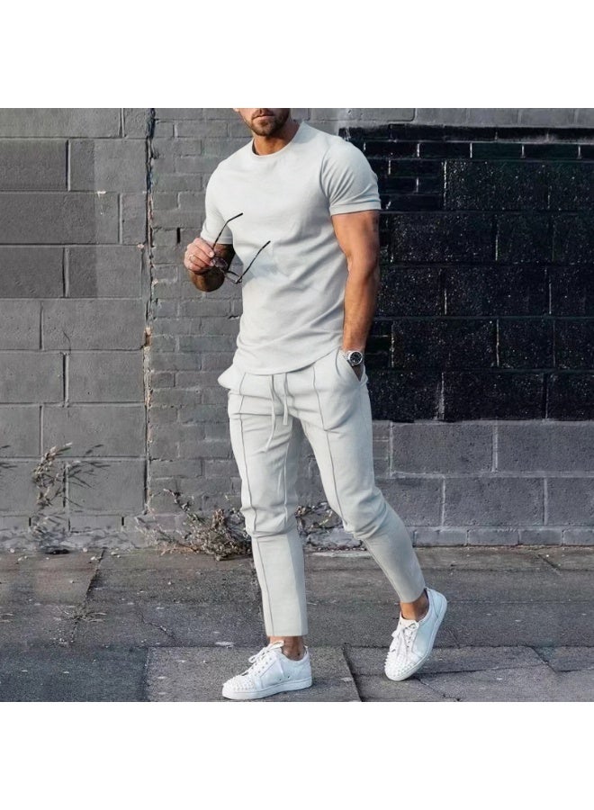 2PCS Set Mens Fall Summer Solid Casual Round Neck Short Sleeve Sports T-shirt for Men - Image 1