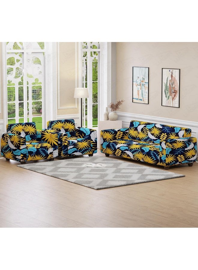 Lukzer 5 Seater Yellow Flower Universal Sofa Cover 3+1+1 Seater | 360° Fully Covered Anti-Slip Washable Couch Cover Protector | 140 GSM Stretch Fit Polyester + Spandex Slipcover (SC-018-05) - Image 1