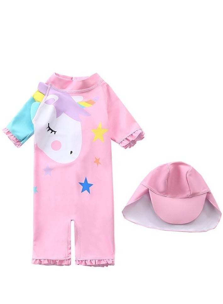 Generic Children's Pony Princess Swimsuit， Long sleeved One Piece Sun Proof kids Swimwear With Swim Cap For Height 70-120cm Girls  - Image 1